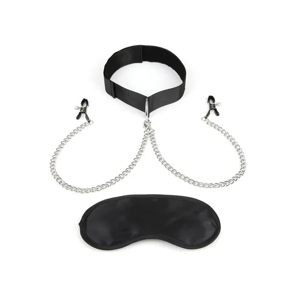Lux Fetish Collar and Nipple Clamps with Adjustable Clamps – Black