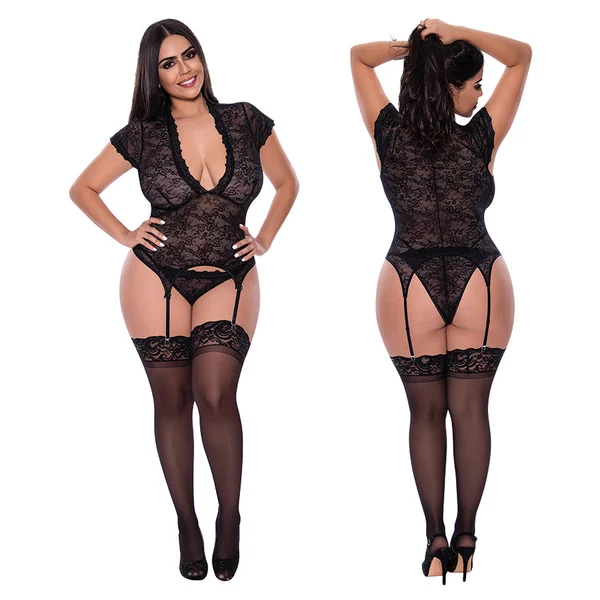 Magic Silk Cap Sleeve Basque & Tanga Set - Black QUEEN