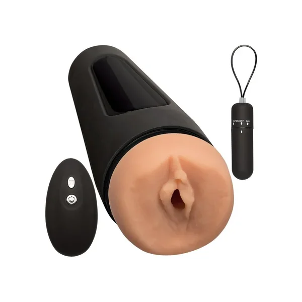Main Squeeze The Original Vibro Ultraskyn Vibrating Masturbator with Bullet and Remote Control – Pussy – Vanilla