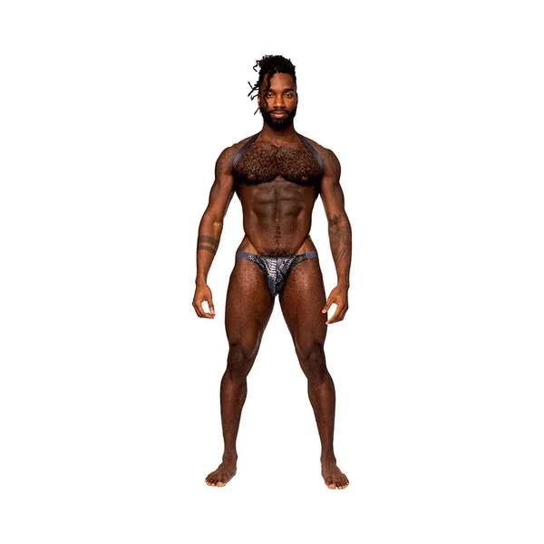 Male Power S’naked Shoulder Sling Harness Thong One-Piece Black/Blue L/XL