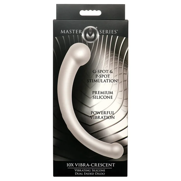 Master Series 10X Vibra-Crescent Vibrating Silicone Dual Ended Dildo- Silver