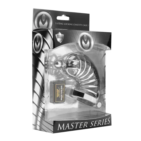 Master Series Asylum 6 RIng Locking Cagew/ urethral plug- Md/Lg