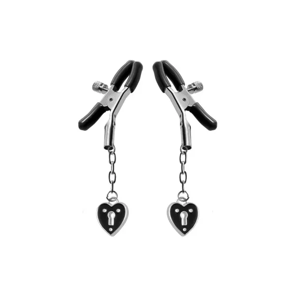 Master Series Charmed Heart Padlock Nipple Clamps, Black