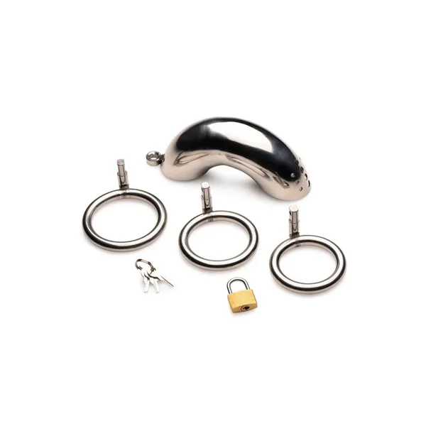 Master Series Locking Stainless Steel Chastity Cage with 3 Rings