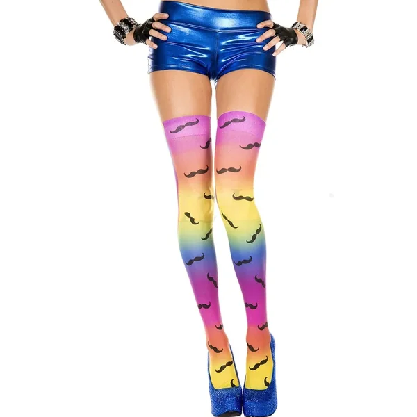Music Legs Mustache Print Rainbow Thigh Hi*