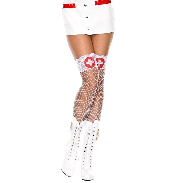 Music Legs Nurse Costume Diamond Net Lace Top Thigh-High Stockings