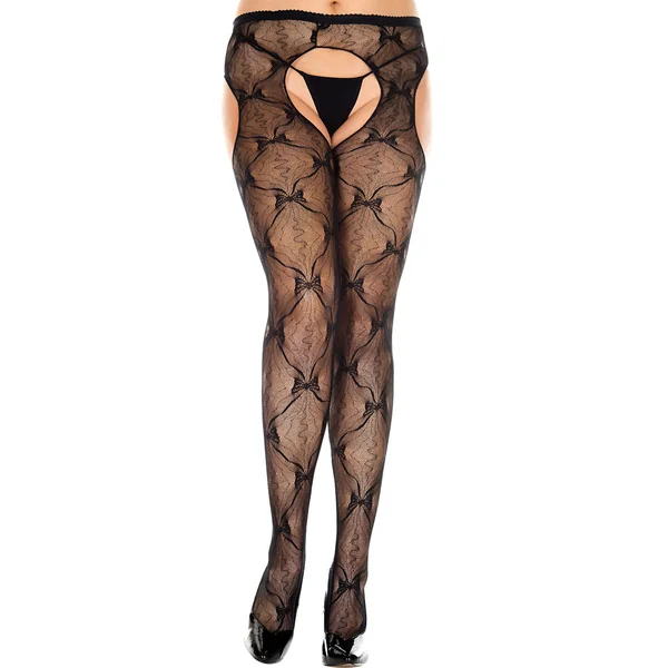 Music Legs Sheer Bow Lace Crotchless Suspender Pantyhose - Curvy