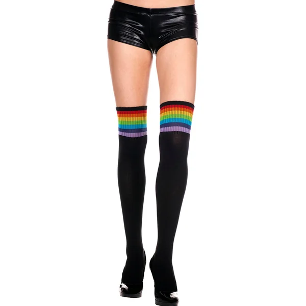 Music Legs Striped Acrylic Thigh High - Black W/ Rainbow - O/S