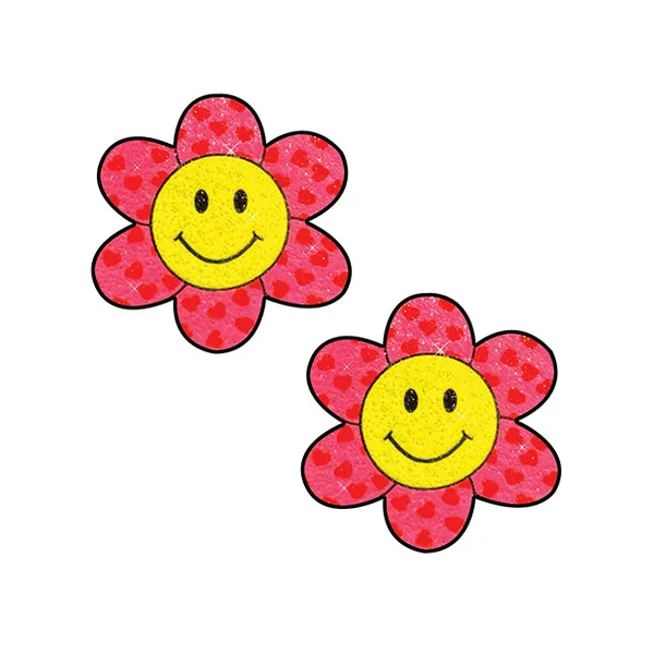 Neva Nude Smiley Flower Power Glitter Pasties - Pink/Yellow O/S