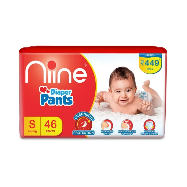NIINE COTTONY SOFT BABY DIAPER PANTS WITH WETNESS INDICATOR & DISPOSAL TAPE (S) Size (46 Pcs)