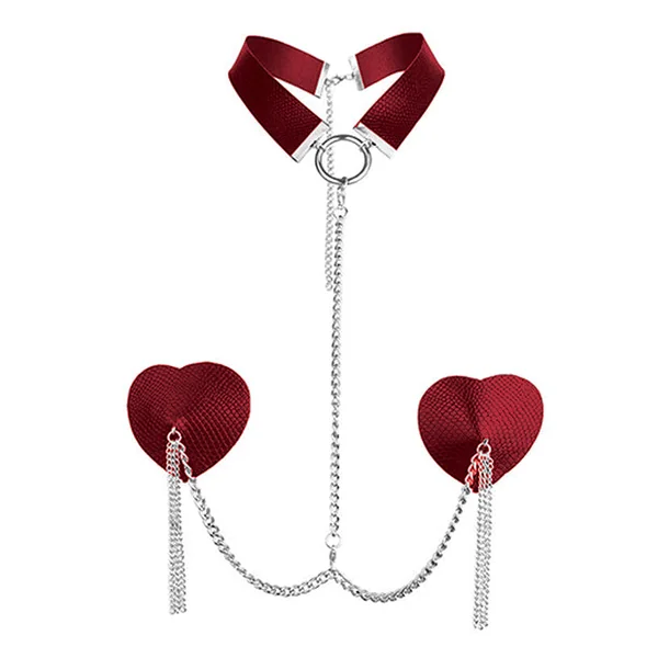 Nipplicious Dominatrix Leather Collar & Pasties W-chain - Red