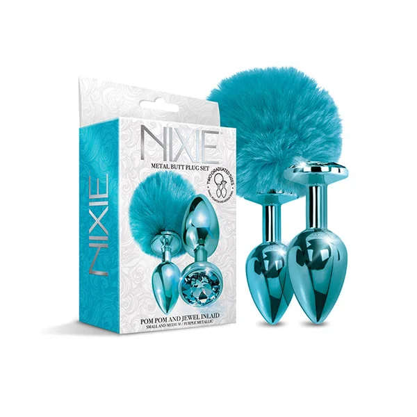 Nixie Metal Butt Plug Set W-jewel Inlaid & Pom Pom - Blue Metallic