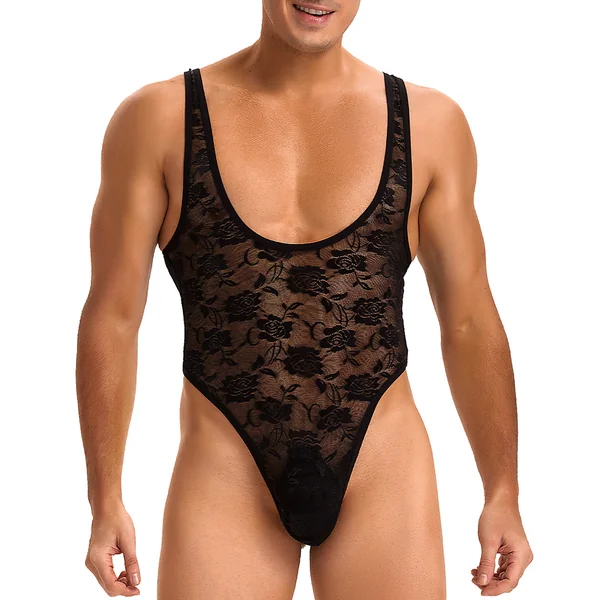 Oh Yeah Men's Sheer Floral Lace Thong Leotard