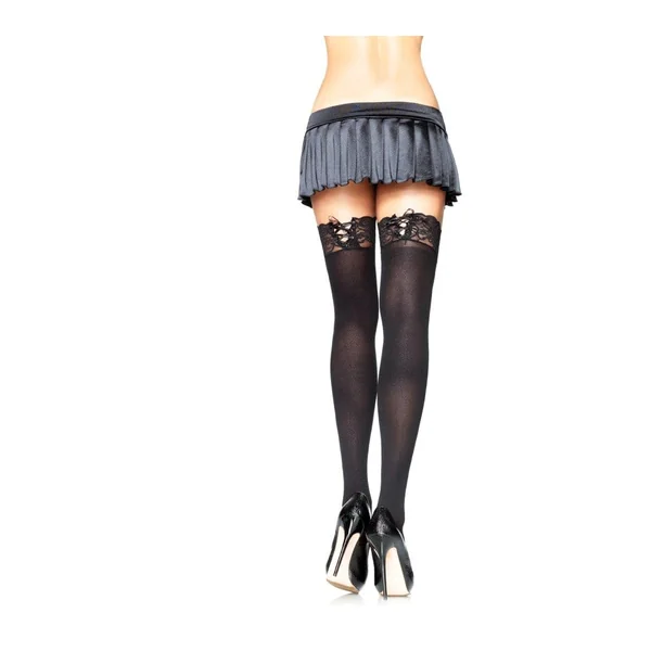 Opaque Thigh Highs With Corset Lace Top - One Size - Black