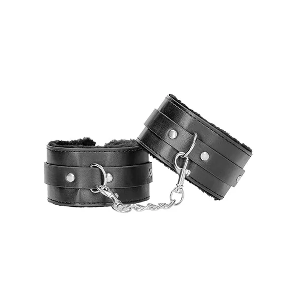 Ouch! Black and White Plush Bonded Leather Ankle Cuffs