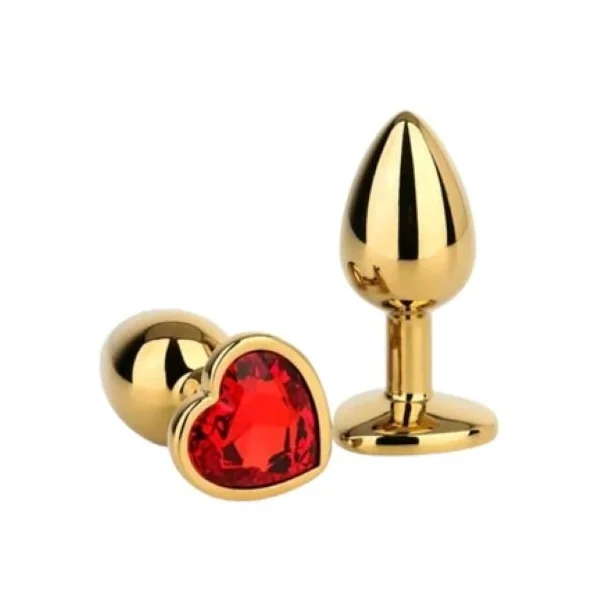 Ouch! Heart Gem Metal Butt Plug Medium Gold Ruby Red