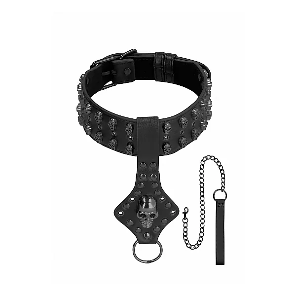 OUCH! SKULLS & BONES NECK CHAIN W/ SKULLS AND LEASH BLACK