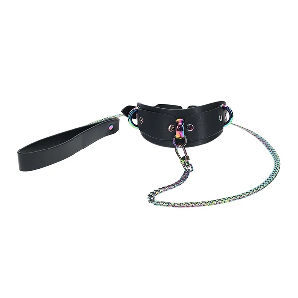 Ouch! Venice Faux Leather Collar & Rainbow Neochrome Chain Leash