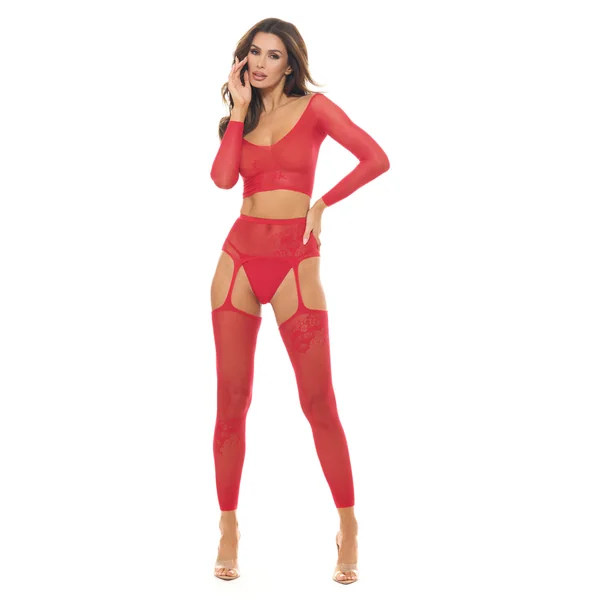Permanent Mark Long Sleeve Top and Garter Bodystocking Red - Os