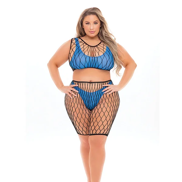 Pink Lipstick Brace For Impact Large Fishnet Top, Shorts, Bra & Thong (fits Up To 3x) Neon Blue Qn