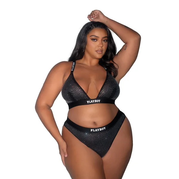 Playboy Disco Fever Rhinestone Bralette w/Thong 2 pc Set - Black 1X