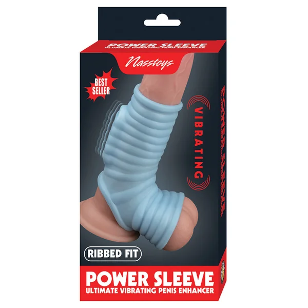Power Sleeve Ribbed Fit Vibrating Penis Enhancer - Blue
