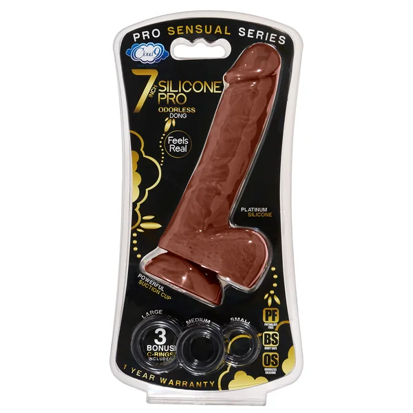 PRO SENSUAL PREMIUM SILICONE DONG W/ 3 C RINGS BROWN 7 “