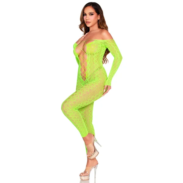 Python Net Crotchless Footless Lingerie Jumpsuit O/s - Neon Green