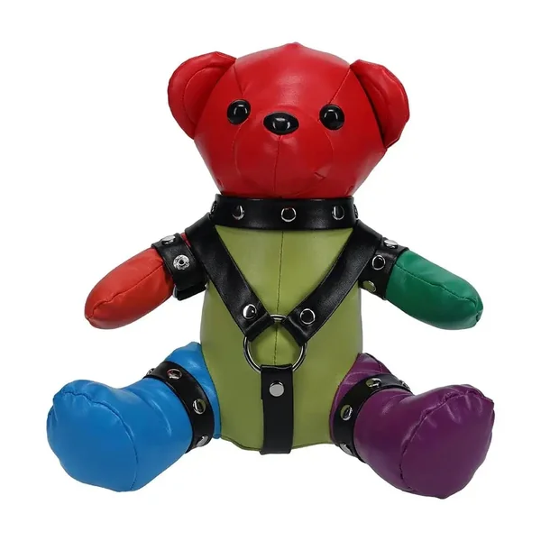 Rainbow Bear Plushie in Black Harness