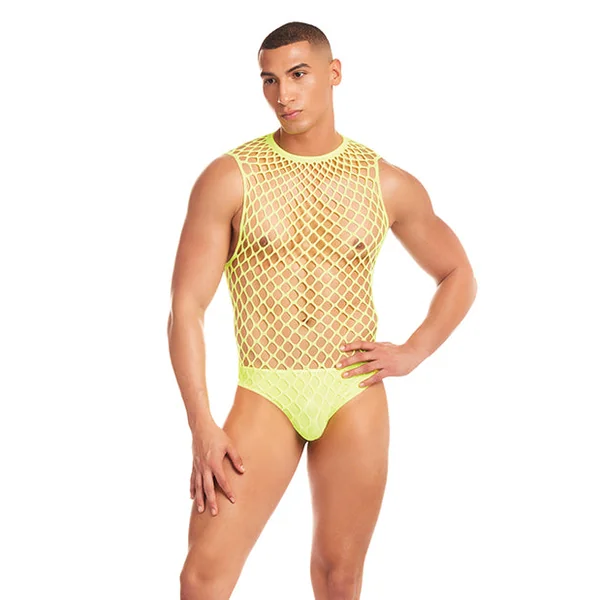 Rainbow Party Full Effect Large Mesh Unitard 2 pc Set w/Thong - Yellow L/XL