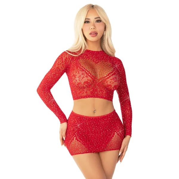 Red 2pc Rhinestone Lace and Net Crop Top with - Heart Keyhole Mini Skirt - Os