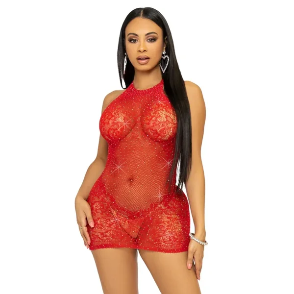 Rhinestone Lace and Net Halter Mini Dress Red OS