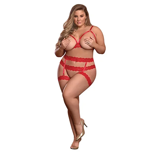 Risque Business Cupless Bra, Garter & Crotchless Panty Red QN