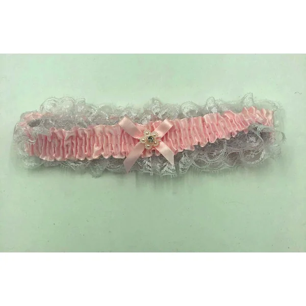 Satin Leg Garter - One Size - Baby Pink With White Lace