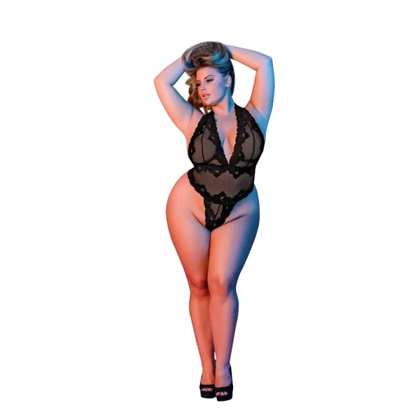 SEXY TIME DEEP PLUNGE HALTER TEDDY BLACK 2X