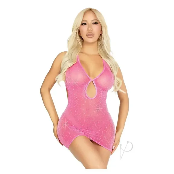 Shimmer Sheer Lurex Rhinestone Keyhole Halter Pink O/S