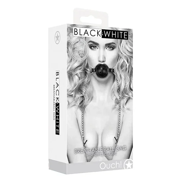 Shots Ouch Black & White Breathable Ball Gag w/Nipple Clamps – Black