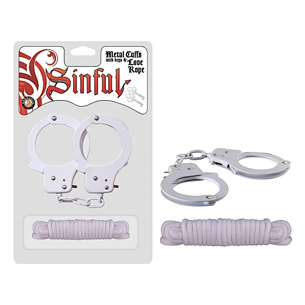 SINFUL METAL CUFFS W/LOVE ROPE WHITE