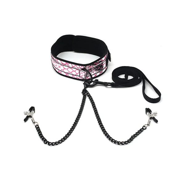 Spartacus Faux Leather Collar & Leash W-black Nipple Clamps - Pink