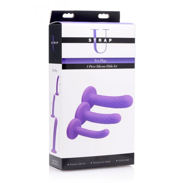 STRAP U TRI PLAY 3 PC SILICONE DILDO SET PURPLE