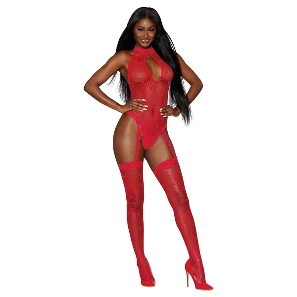 Teddy Bodystocking - One Size - Lipstick Red