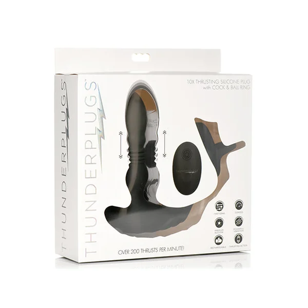 ThunderPlugs 10X Thrusting Silicone Vibrator w/Cock & Ball Strap & Remote - Black