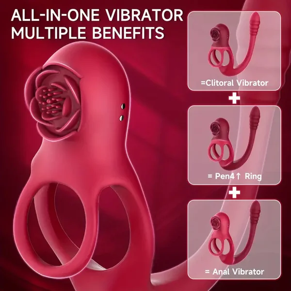 Upgraded Vibrating Penis Ring Rose Clitoris Vibrator With Anal Plug