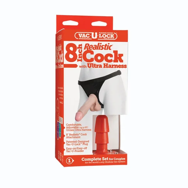 Vac-U-Lock – 8 Inch Classic Dong – With Ultra Harness White