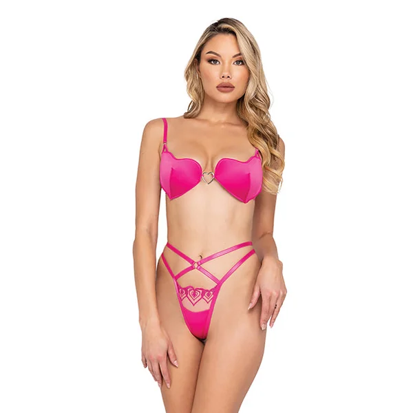 Valentine Bubblegum Heart Satin Bra & Metallic Lace Embroidered Thong Pink