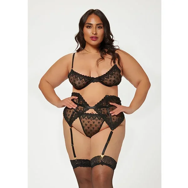 Valentines Heart Embroidered Mesh Bra, Waspie & Panty Black 1X/2X
