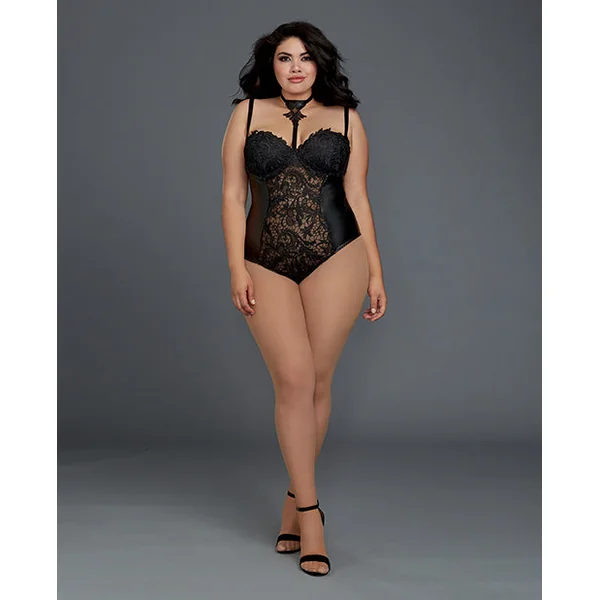 Venice Lace & Stretch Faux Leather Teddy W/snap Crotch