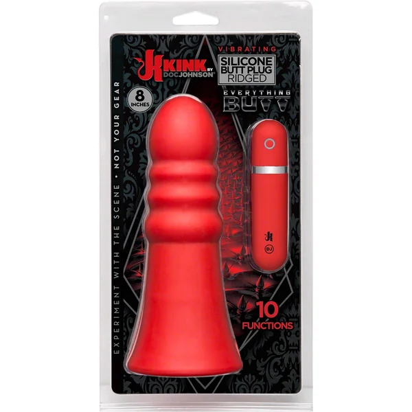 Vibrating Silicone Butt Plug - Ridged 8" - Red
