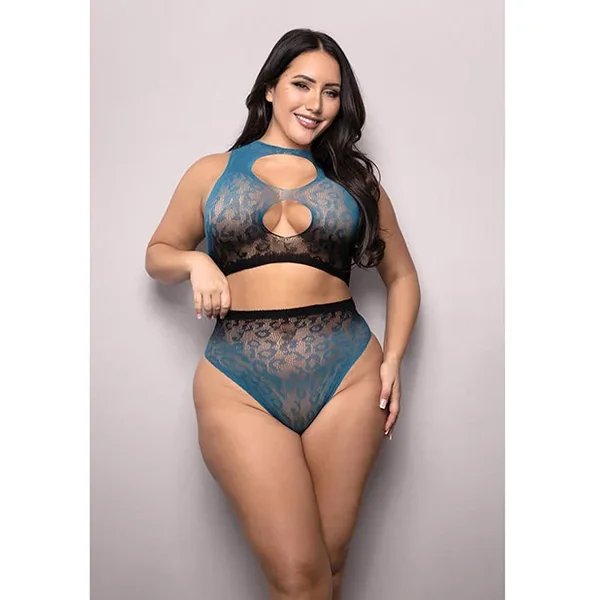 Vixen Deep Dive Ombre Leopard Knit Keyhole Top w/Panty 2 pc Set – Black/Blue QN