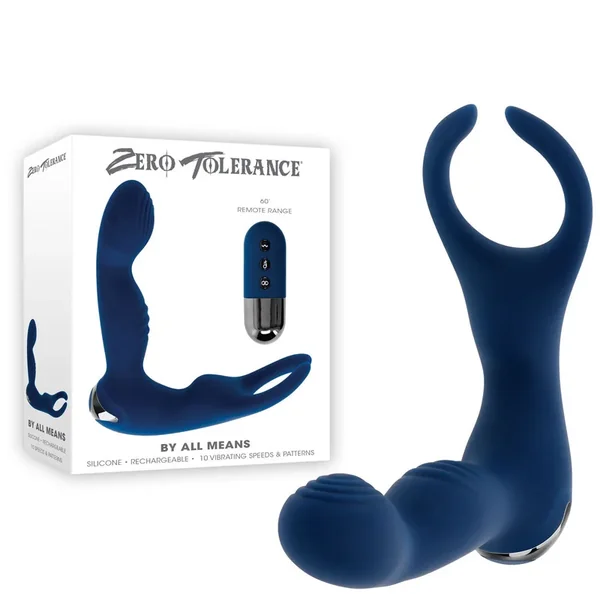 Zero Tolerance BY ALL MEANS – Blue 13.4 cm USB Rechargeable Prostate Massager with Cock Ring